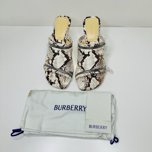 Burberry Slide Sandals 39 US 9 Ivory Brown Python Embossed Zip High Heel NWOB - Picture 6 of 15